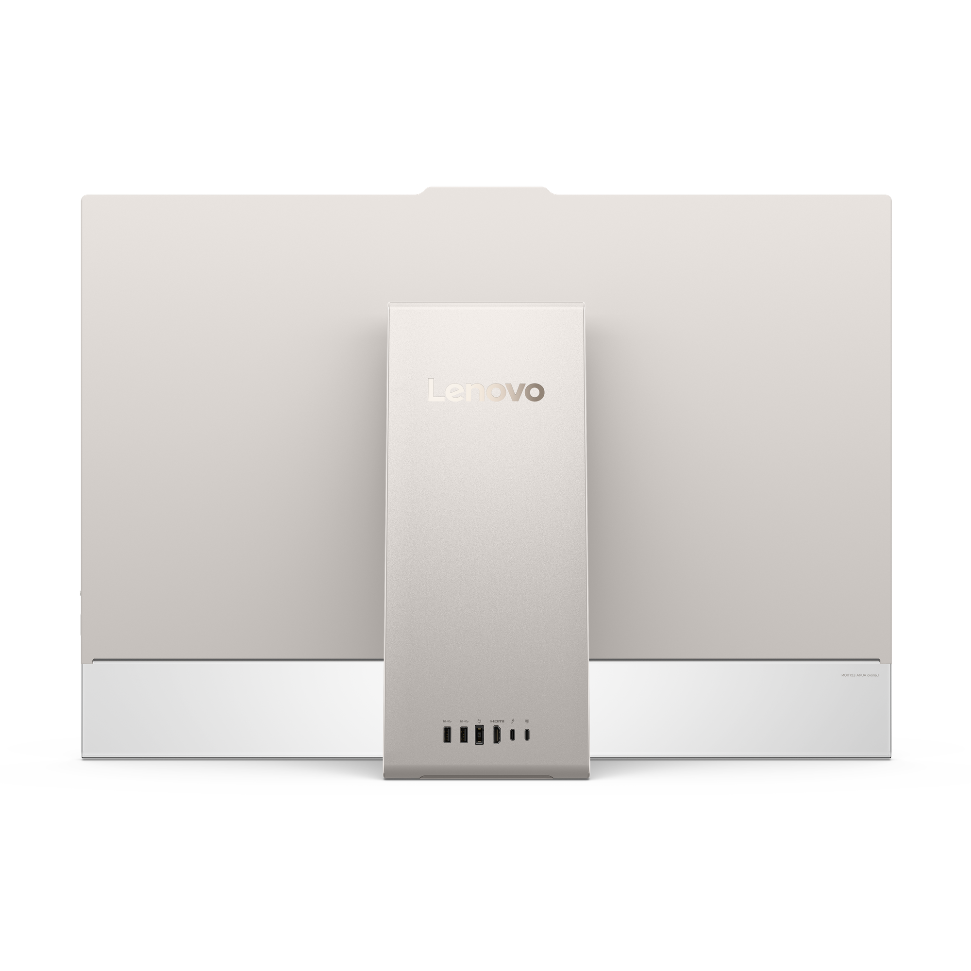 Rückansicht eines hellen Lenovo All-in-One-Computers mit zentralem Standfuß und Anschlüssen unten.