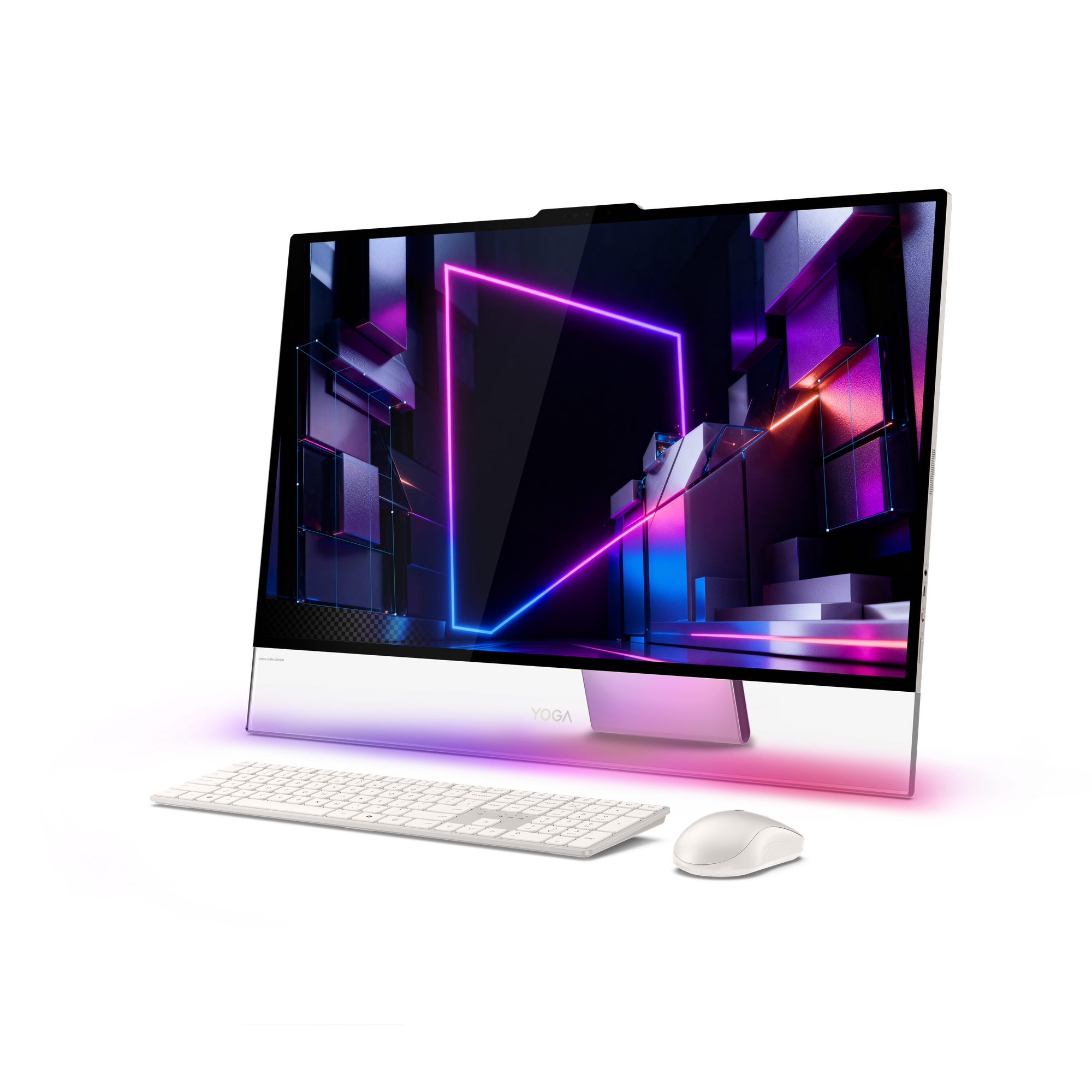 Ein Yoga All-in-One-PC mit Tastatur und Maus auf schwarzem Hintergrund, beleuchtet mit Neonlicht.