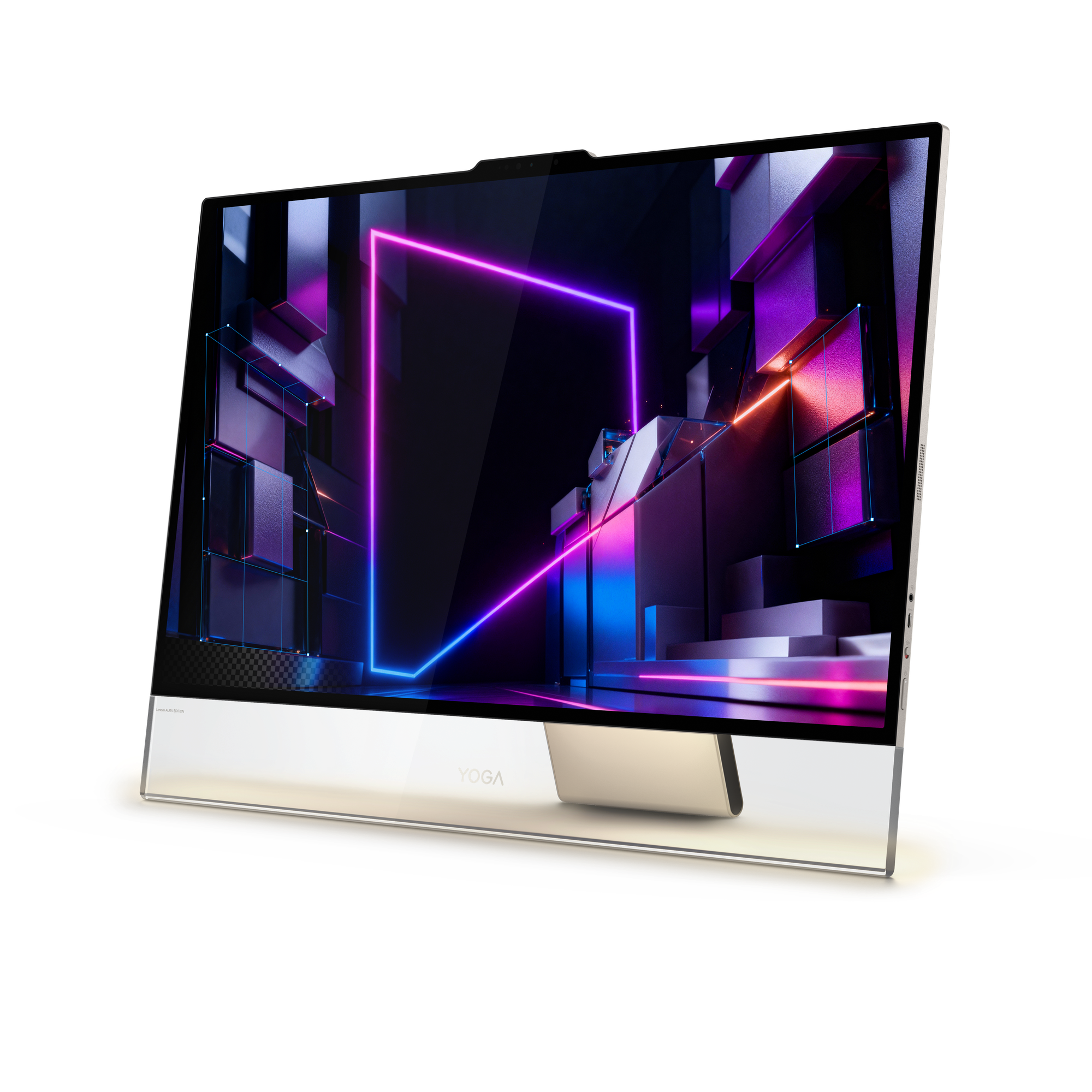 Ein Yoga All-in-One-PC zeigt auf dem Bildschirm ein abstraktes 3D-Neonlicht-Design vor schwarzem Hintergrund.