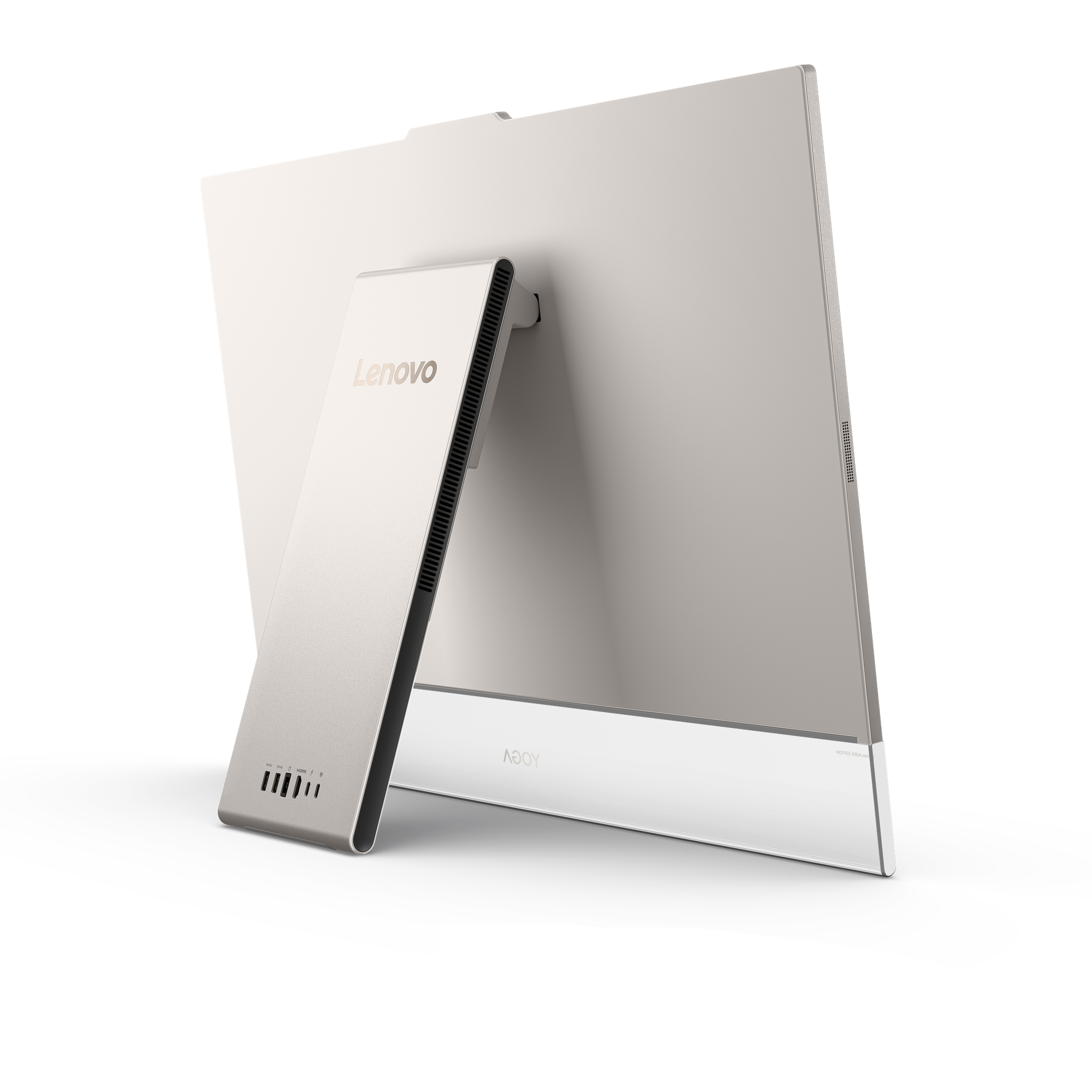 Rückansicht eines silbernen Lenovo All-in-One-Computers mit Standfuß auf schwarzem Hintergrund.