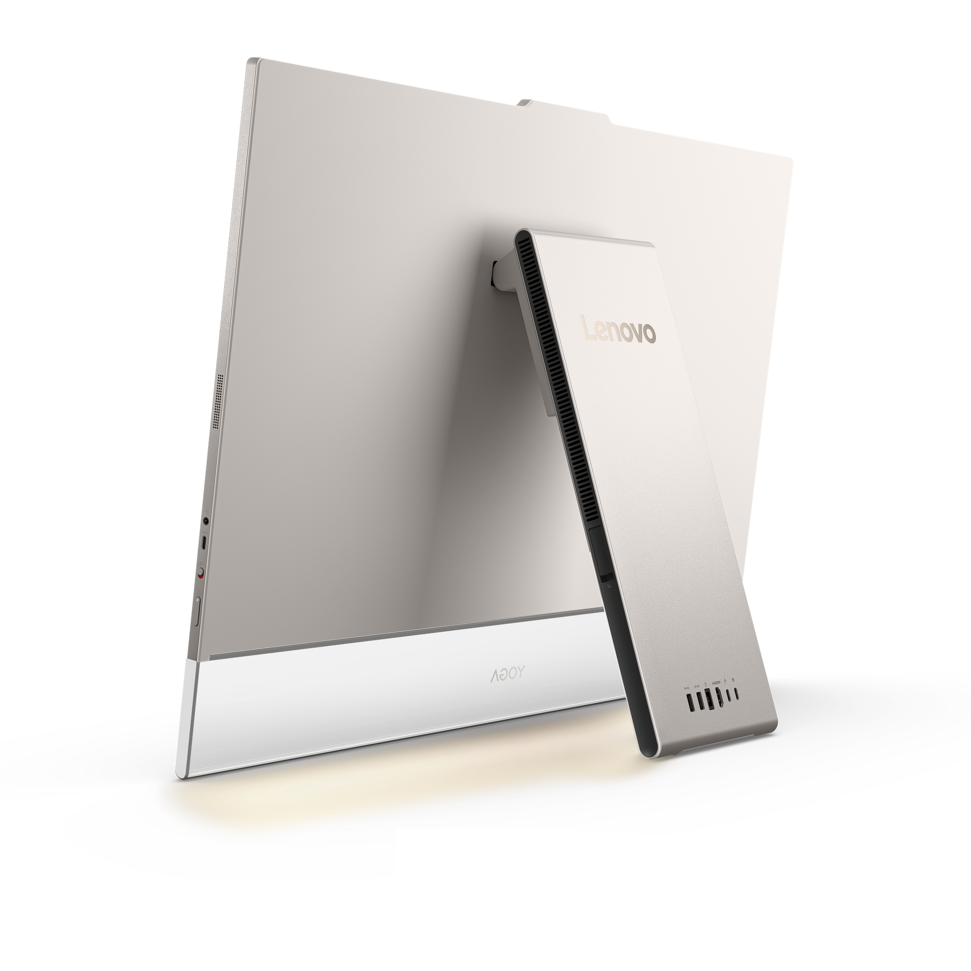 Rückansicht eines Lenovo-All-in-One-Computers in Weiß und Silber auf schwarzem Hintergrund.