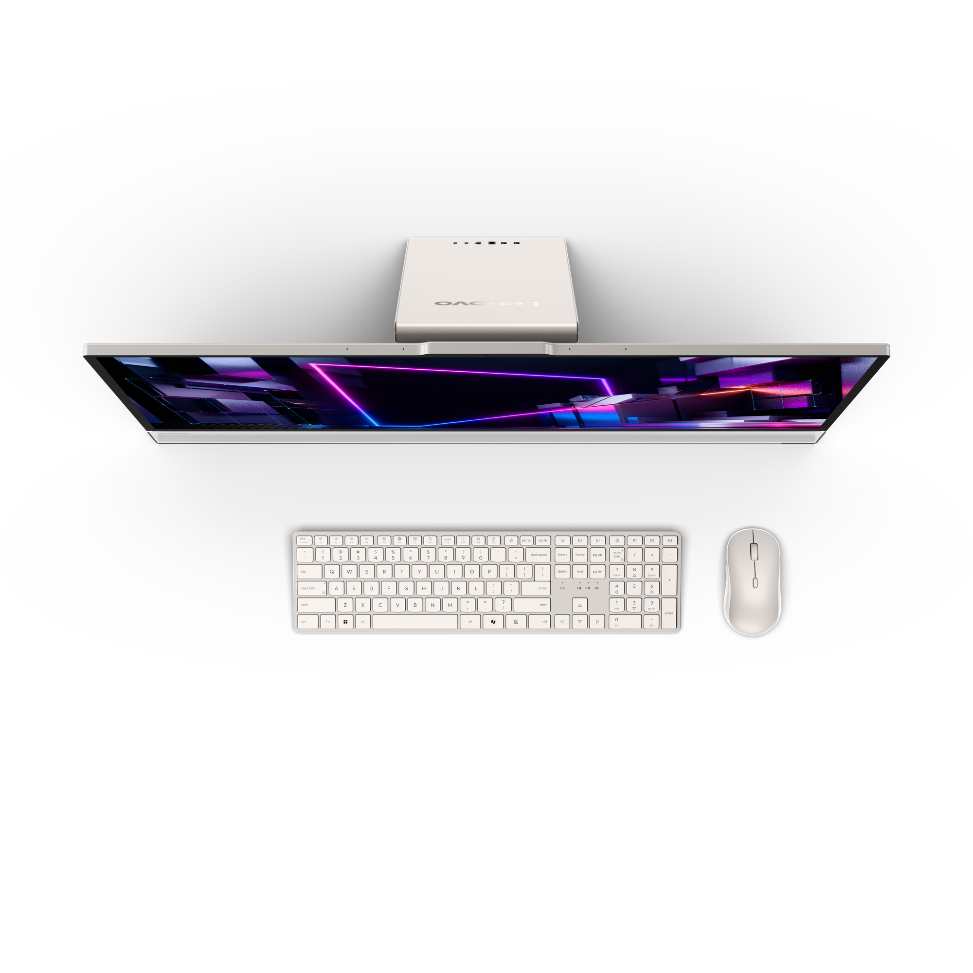 Draufsicht auf ein weißes Lenovo All-in-One-Gerät, eine Tastatur und eine Maus auf schwarzem Hintergrund.