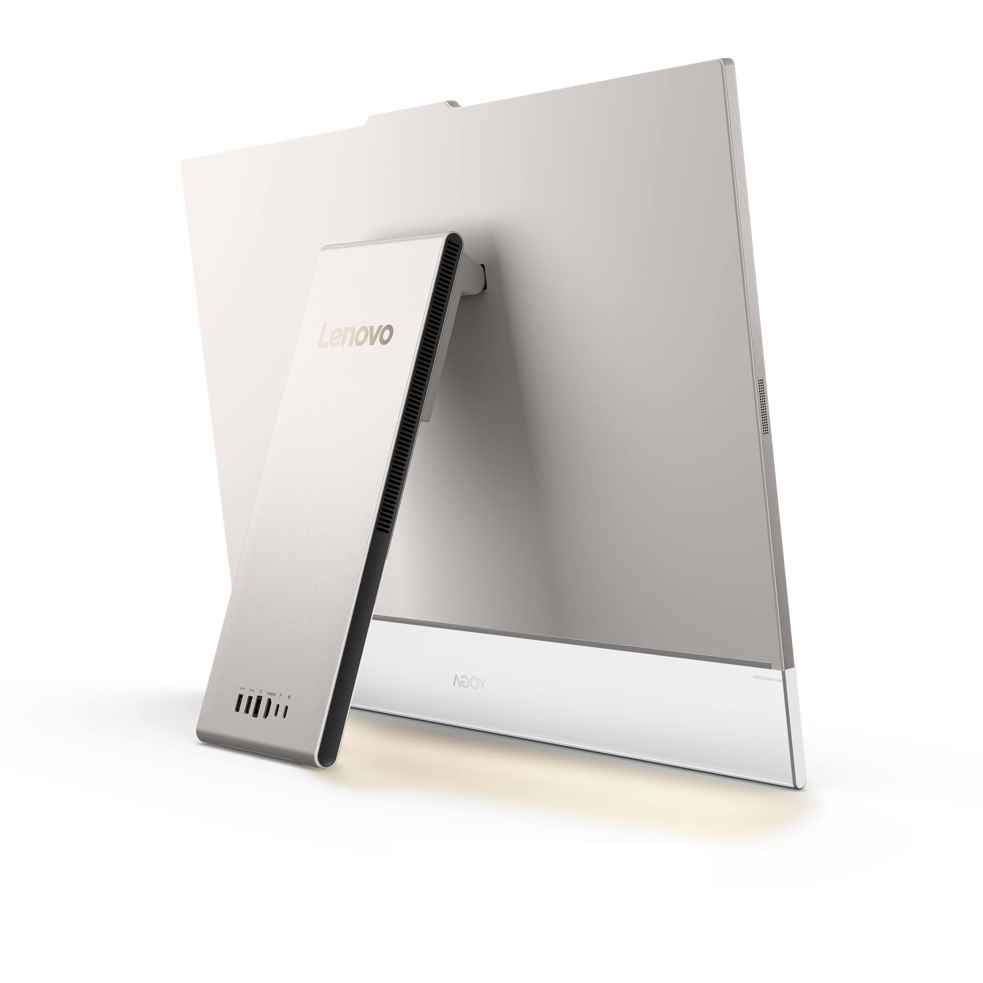 Rückseite eines silbernen Lenovo Yoga All-in-One-Computers mit Standfuß vor schwarzem Hintergrund.