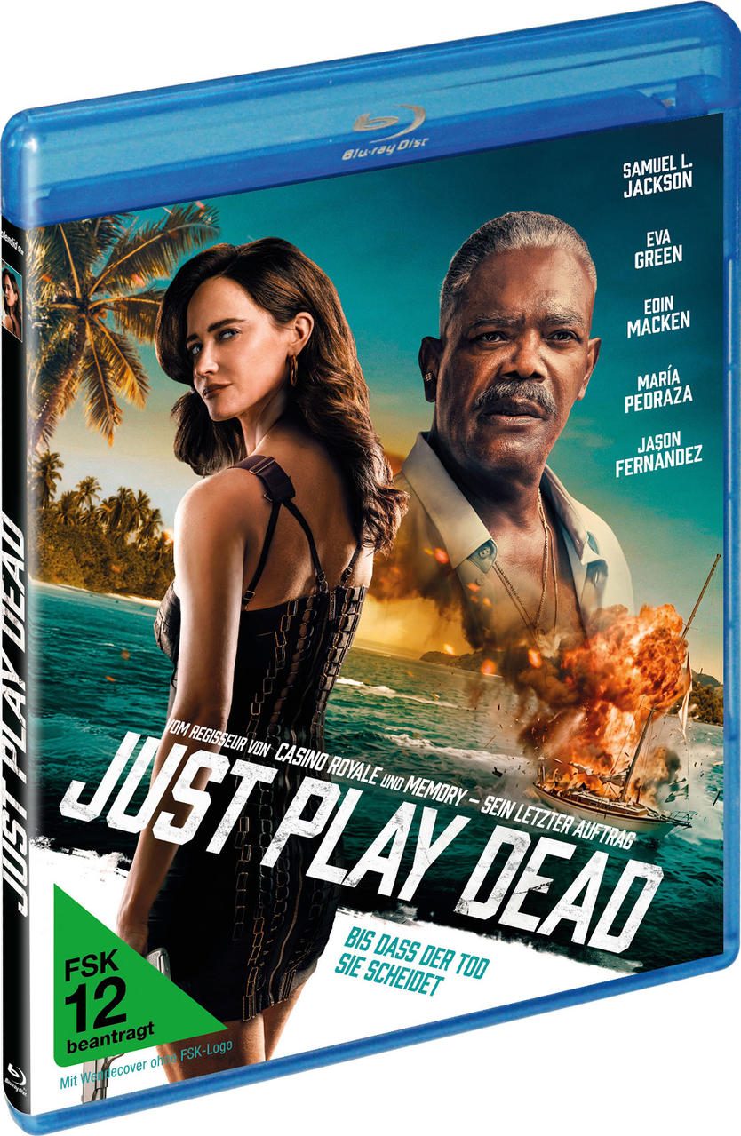 Blu-ray-Hülle des Films Just Play Dead mit Eva Green und Samuel L. Jackson vor tropischer Kulisse mit Explosion.