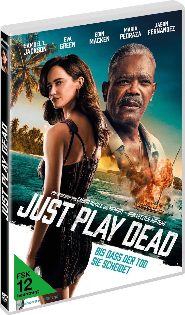 Blu-ray-Hülle des Films Just Play Dead mit Eva Green und Samuel L. Jackson vor tropischer Kulisse.