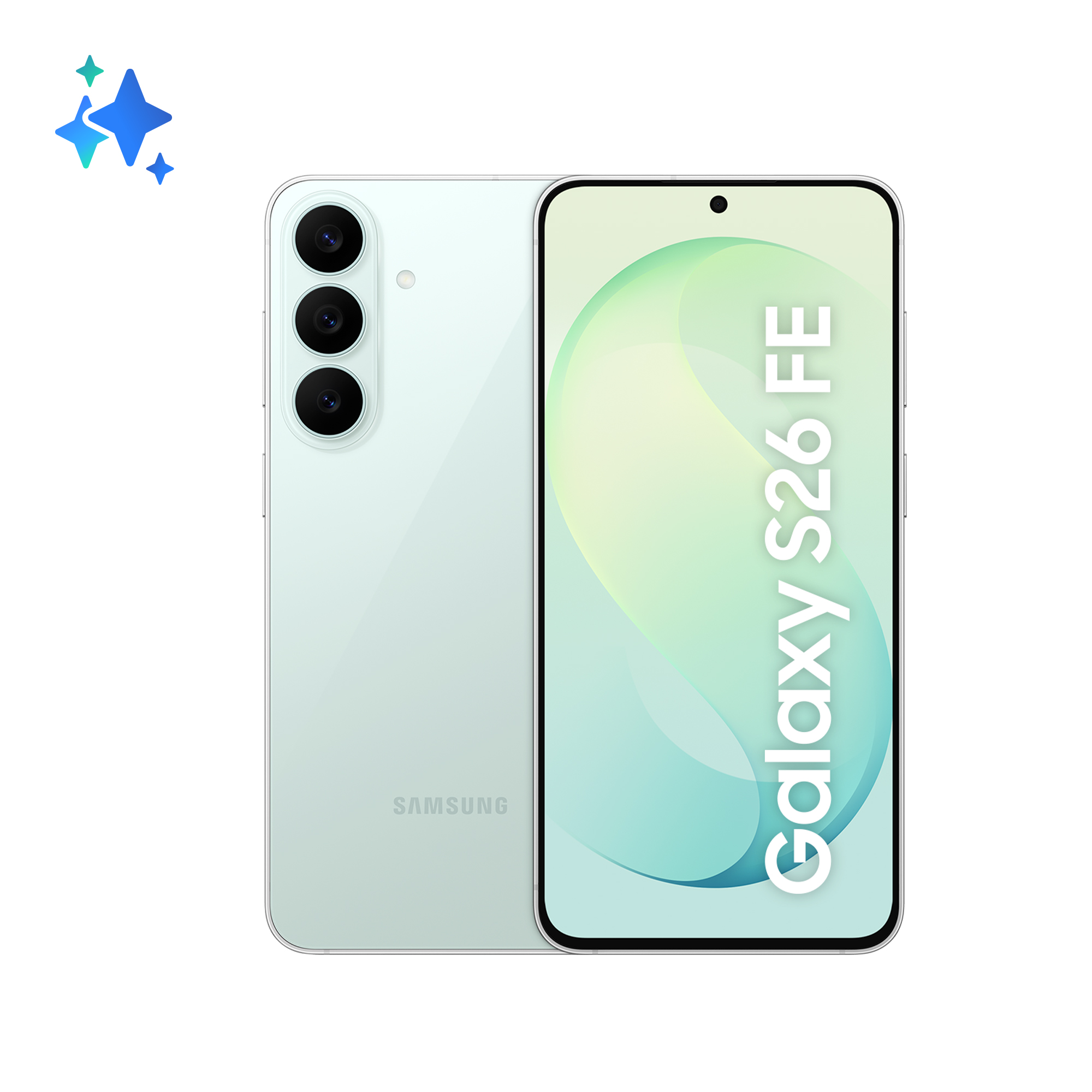 Vorder- und Rückseite eines hellgrünen Samsung Galaxy S26 FE Smartphones vor weißem Hintergrund mit blauen Sternsymbolen.