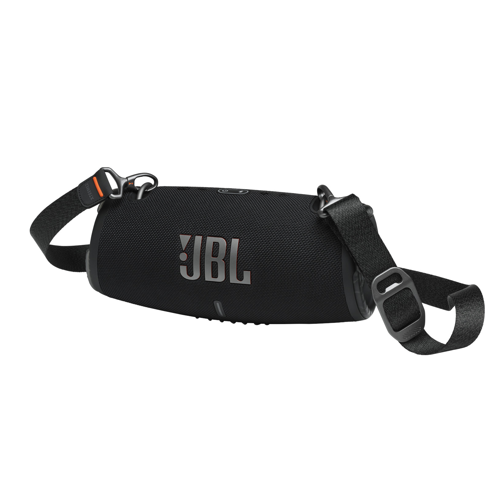 Czarny głośnik Bluetooth JBL z paskiem do noszenia na białym tle.