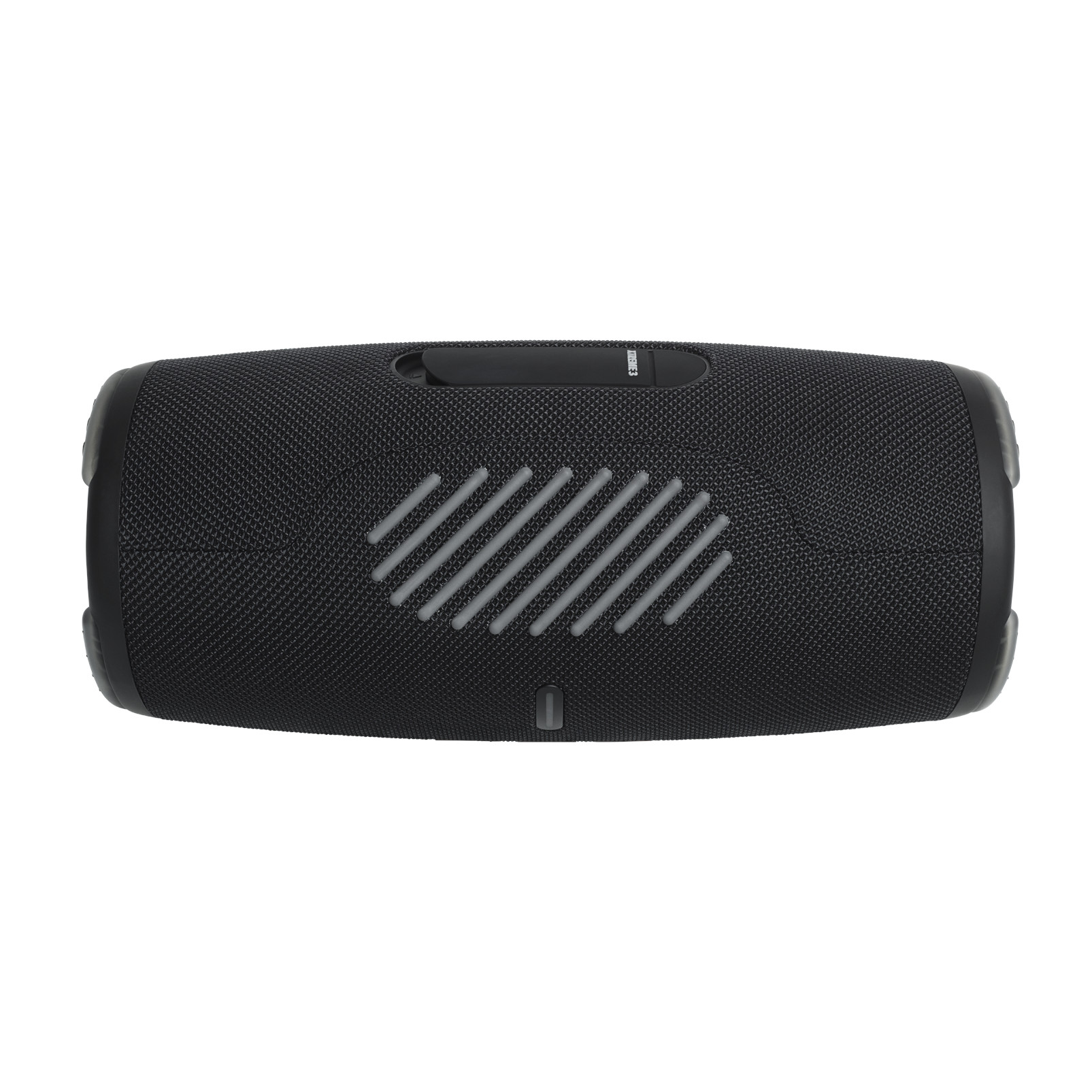 Czarny przenośny głośnik Bluetooth na białym tle.