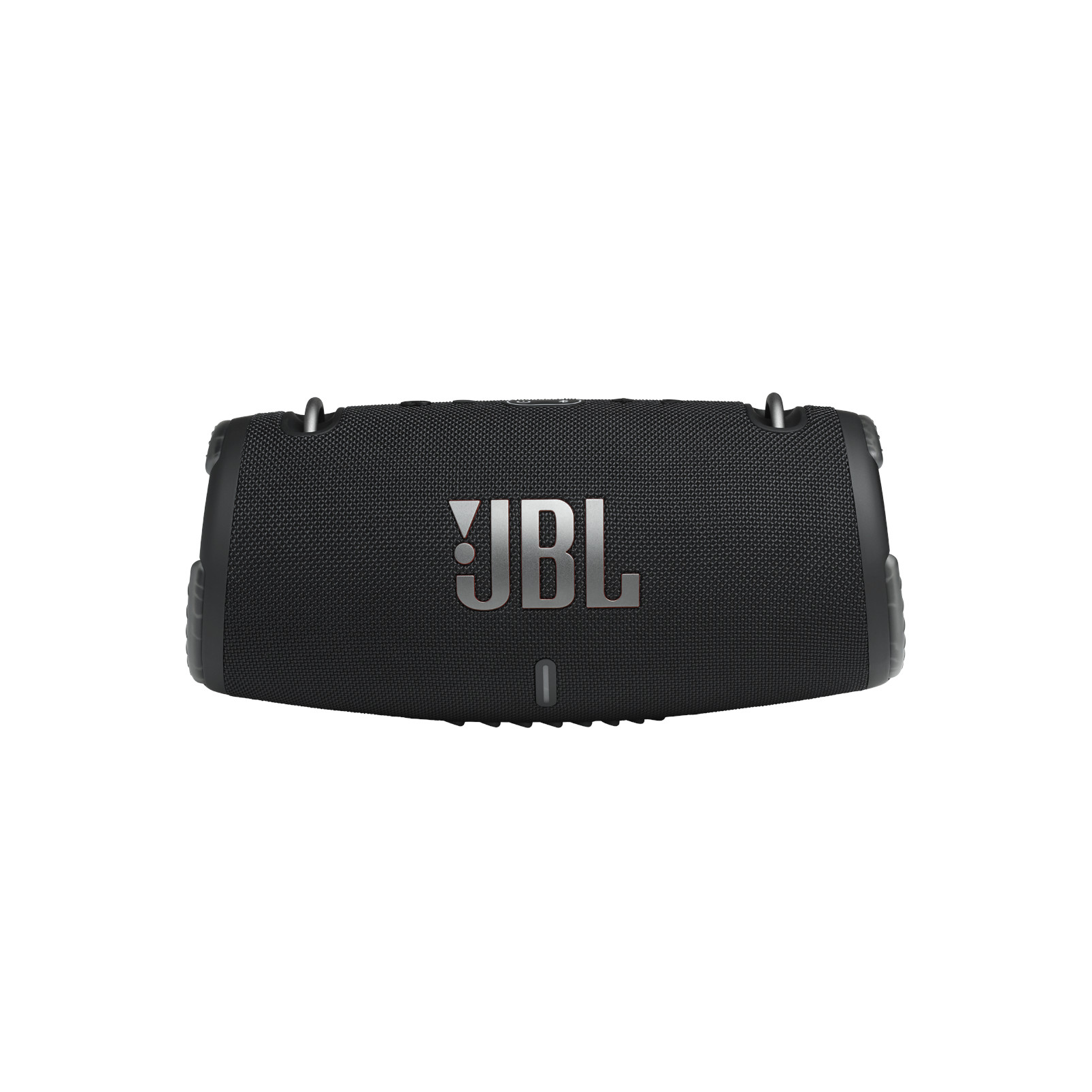 Czarny przenośny głośnik Bluetooth JBL na białym tle ze srebrnym logo.