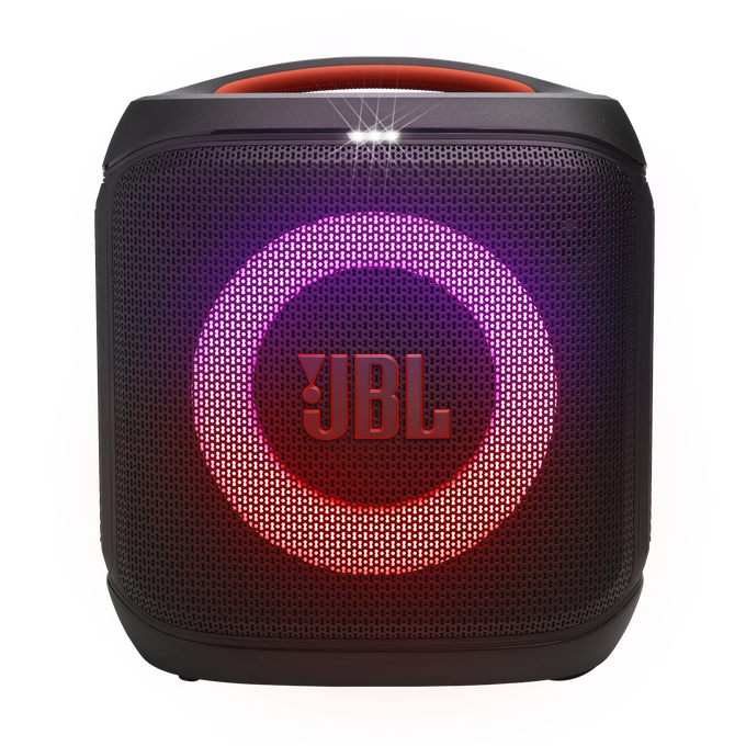 Czarny głośnik imprezowy JBL z świecącym czerwonym okrągłym światłem z przodu i logo JBL.
