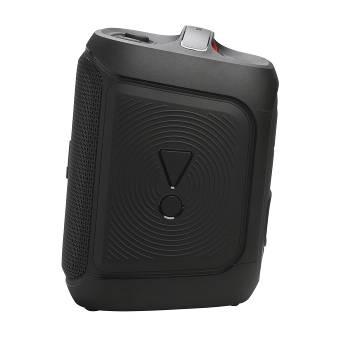 Czarny głośnik Bluetooth JBL z uchwytem na czarnym tle.