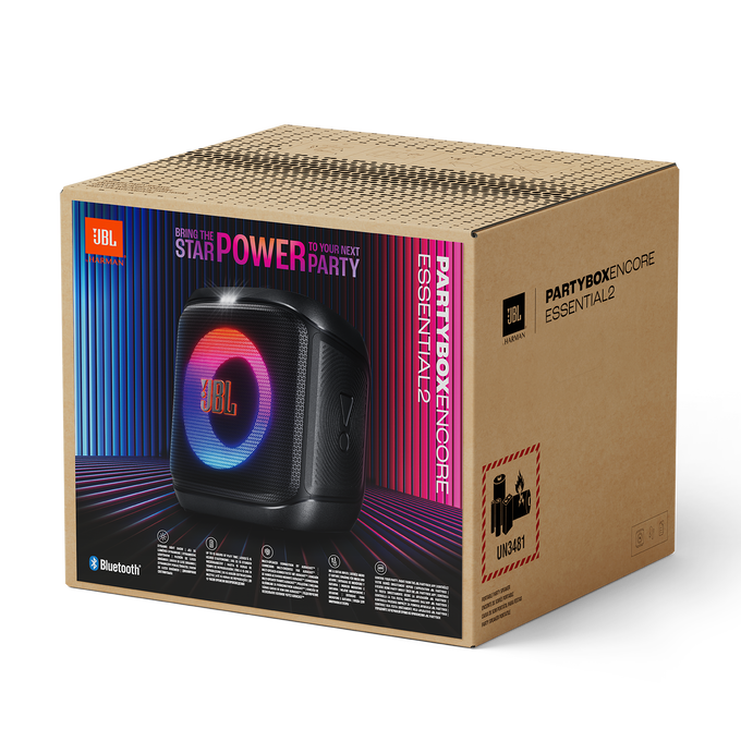 Kartonowe pudło głośnika JBL PartyBox Encore Essential 2 ze zdjęciem produktu, kolorowymi swiatłami i logo Bluetooth na czarnym tle.