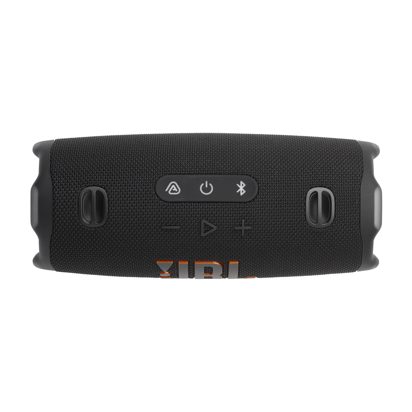 Czarny przenośny głośnik Bluetooth JBL na czarnym tle z pomarańczowym logo i przyciskami sterującymi.