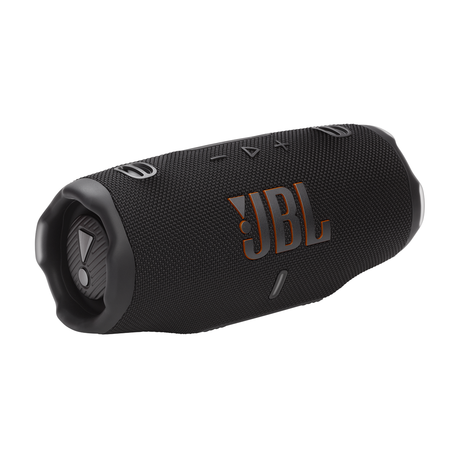 Czarny głośnik Bluetooth JBL z pomarańczowym logo i przyciskami na czarnym tle.
