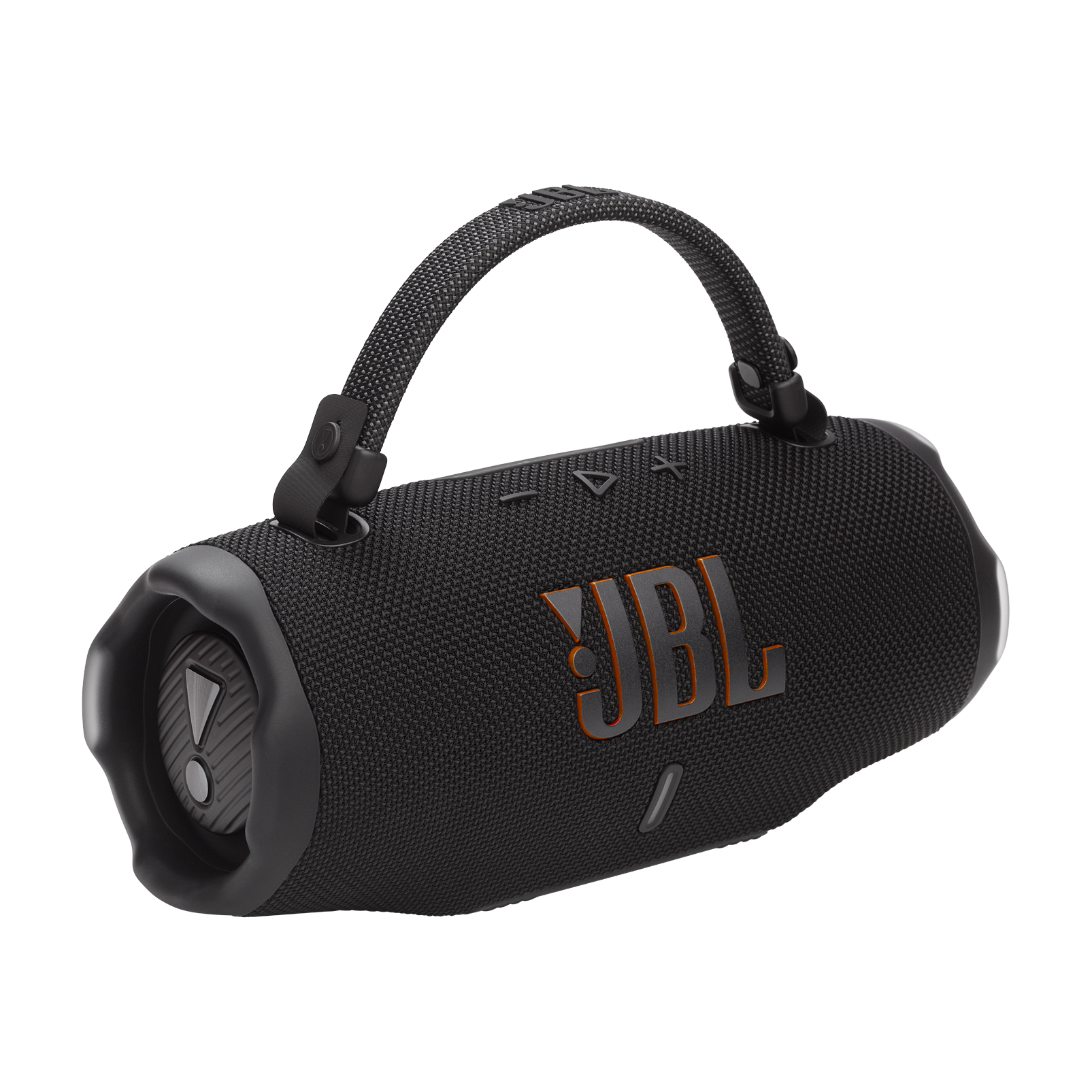 Czarny głośnik Bluetooth JBL z paskiem do noszenia i pomarańczowym logo na czarnym tle.