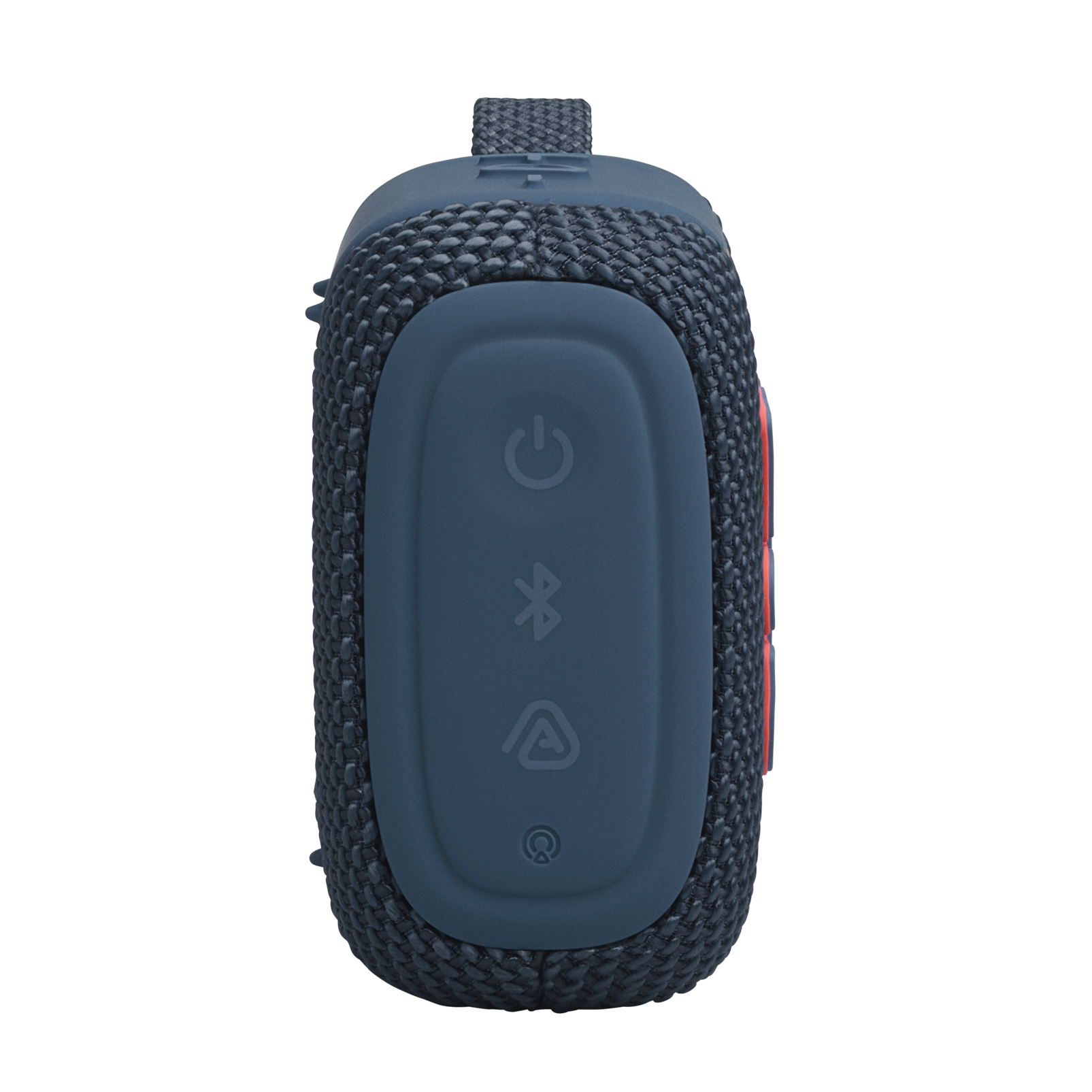 Niebieski głośnik Bluetooth pokryty materiałem z przyciskami sterującymi, na czarnym tle.