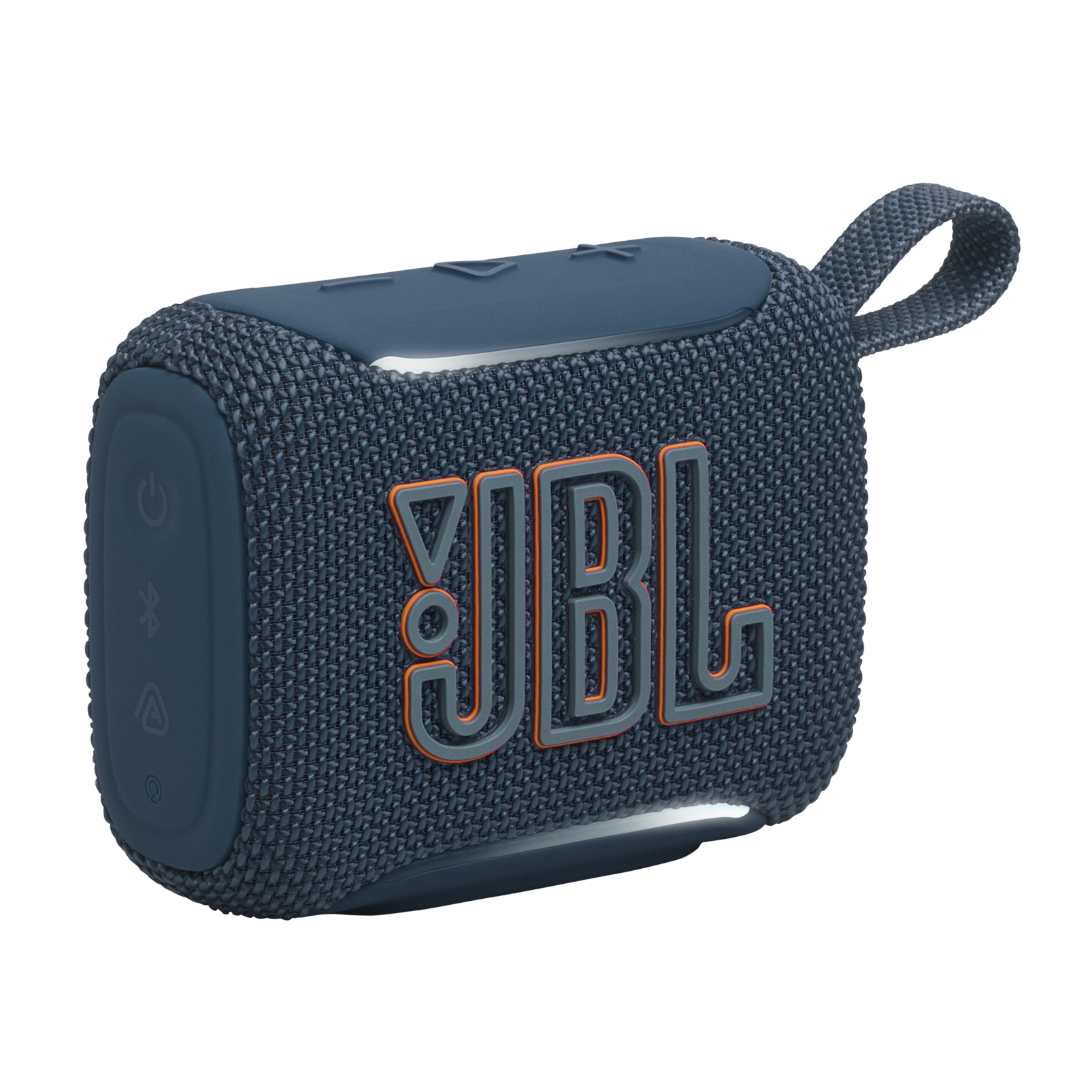 Niebieski głośnik bezprzewodowy JBL z pomarańczowym logo i uchwytem na czarnym tle.
