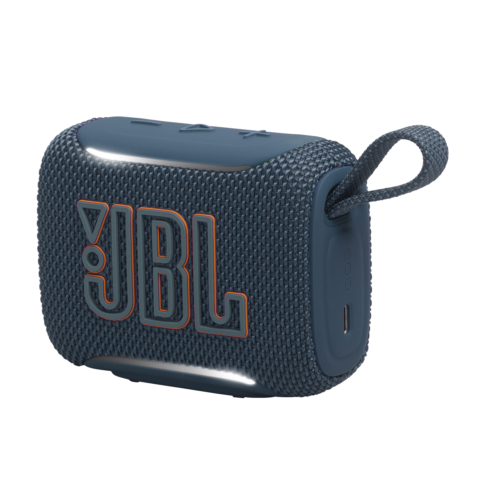 Niebieski przenośny głośnik Bluetooth JBL Go 4 z pomarańczowym logo i paskiem na czarnym tle.