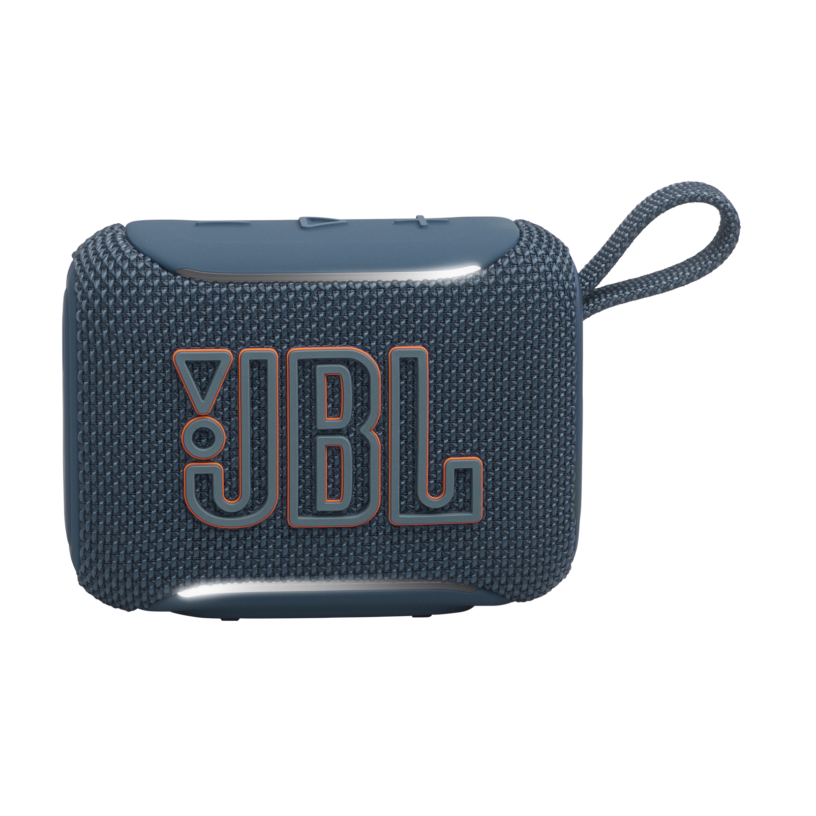Niebieski przenośny głośnik JBL GO z siatką z tkaniny, pomarańczowym logo i zawieszką na czarnym tle.