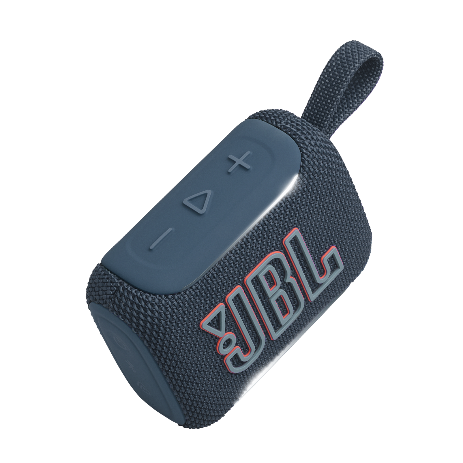 Niebieski głośnik Bluetooth JBL Go 4 z paskiem do noszenia na czarnym tle.