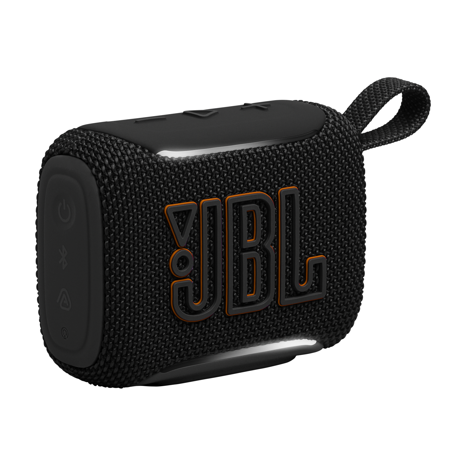 Czarny głośnik Bluetooth JBL z pomarańczowym logo i paskiem na czarnym tle.