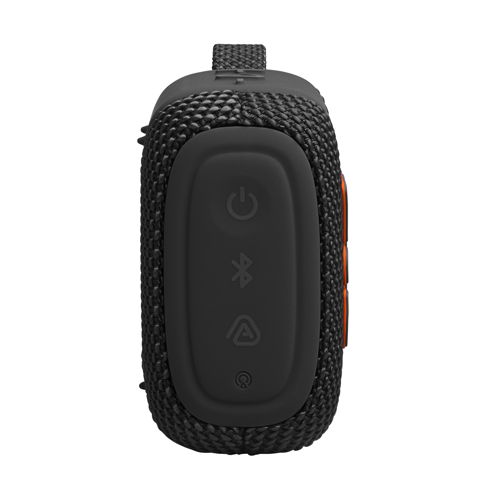 Czarny, przenośny głośnik Bluetooth z przyciskami sterującymi z przodu na czarnym tle.