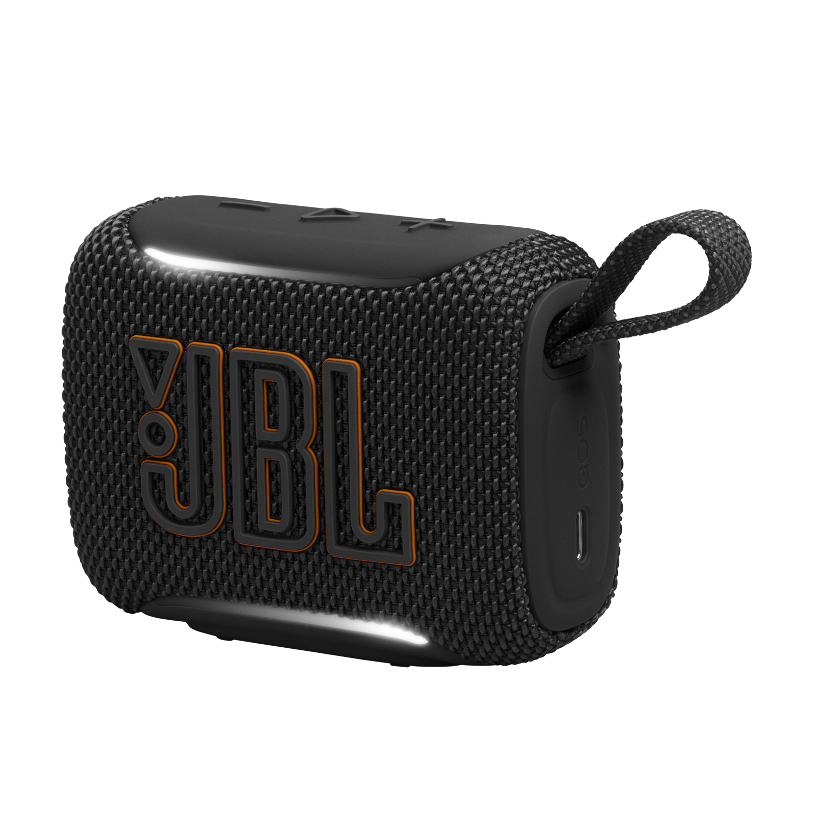 Czarny głośnik bezprzewodowy JBL z pomarańczowym logo i paskiem na czarnym tle.