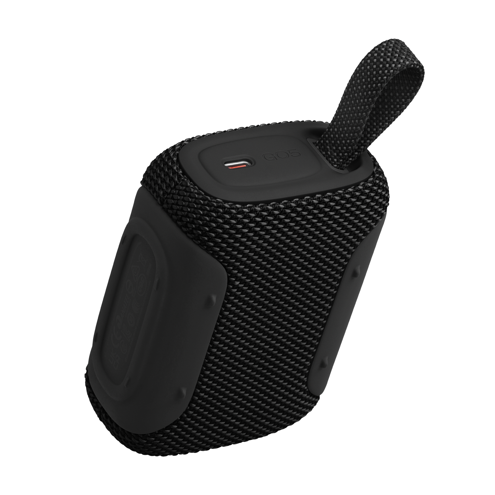 Przenośny czarny głośnik Bluetooth Go 4 z wbudowaną pętlą na czarnym tle.