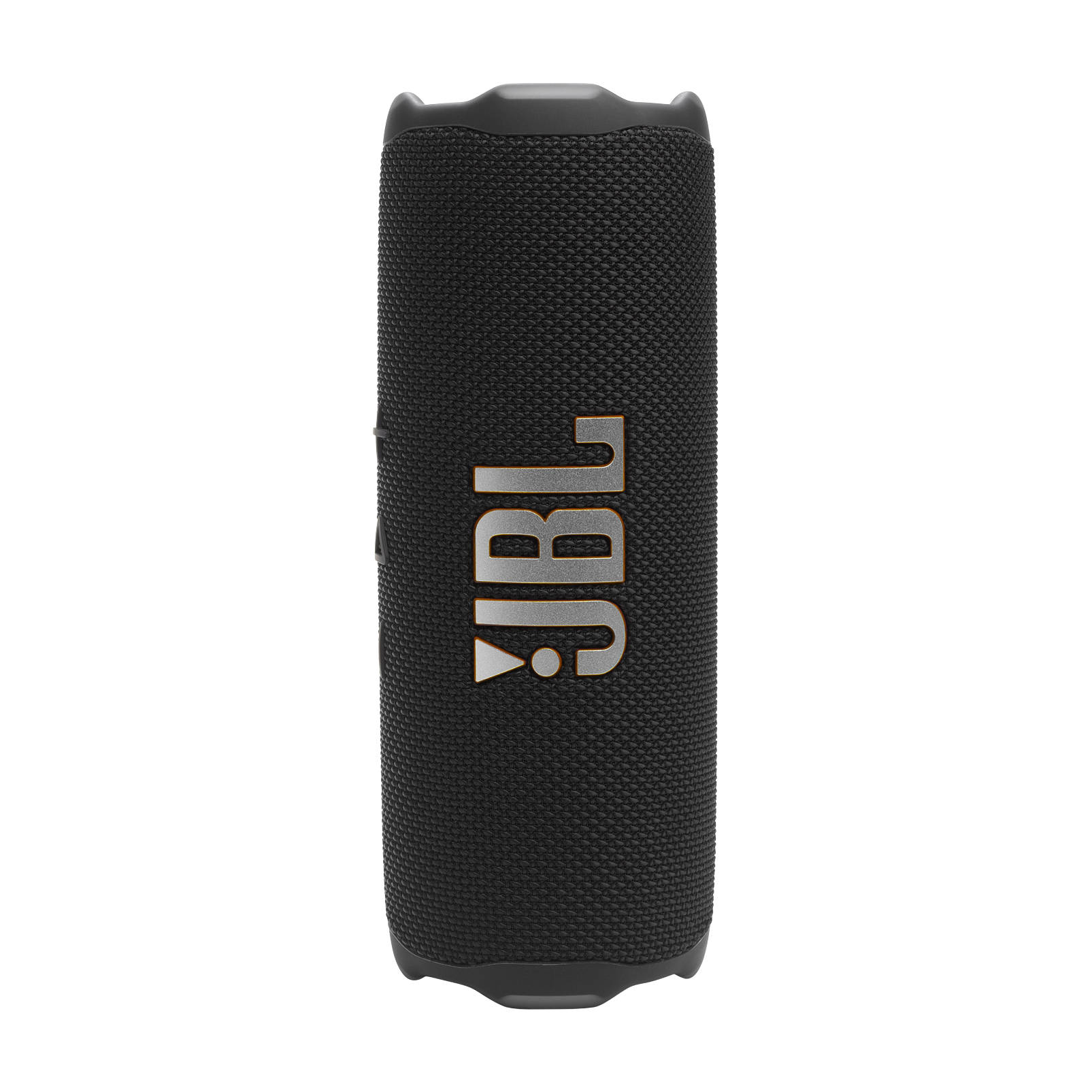Czarny głośnik Bluetooth JBL Flip 6 na czarnym tle z metalicznym logo.