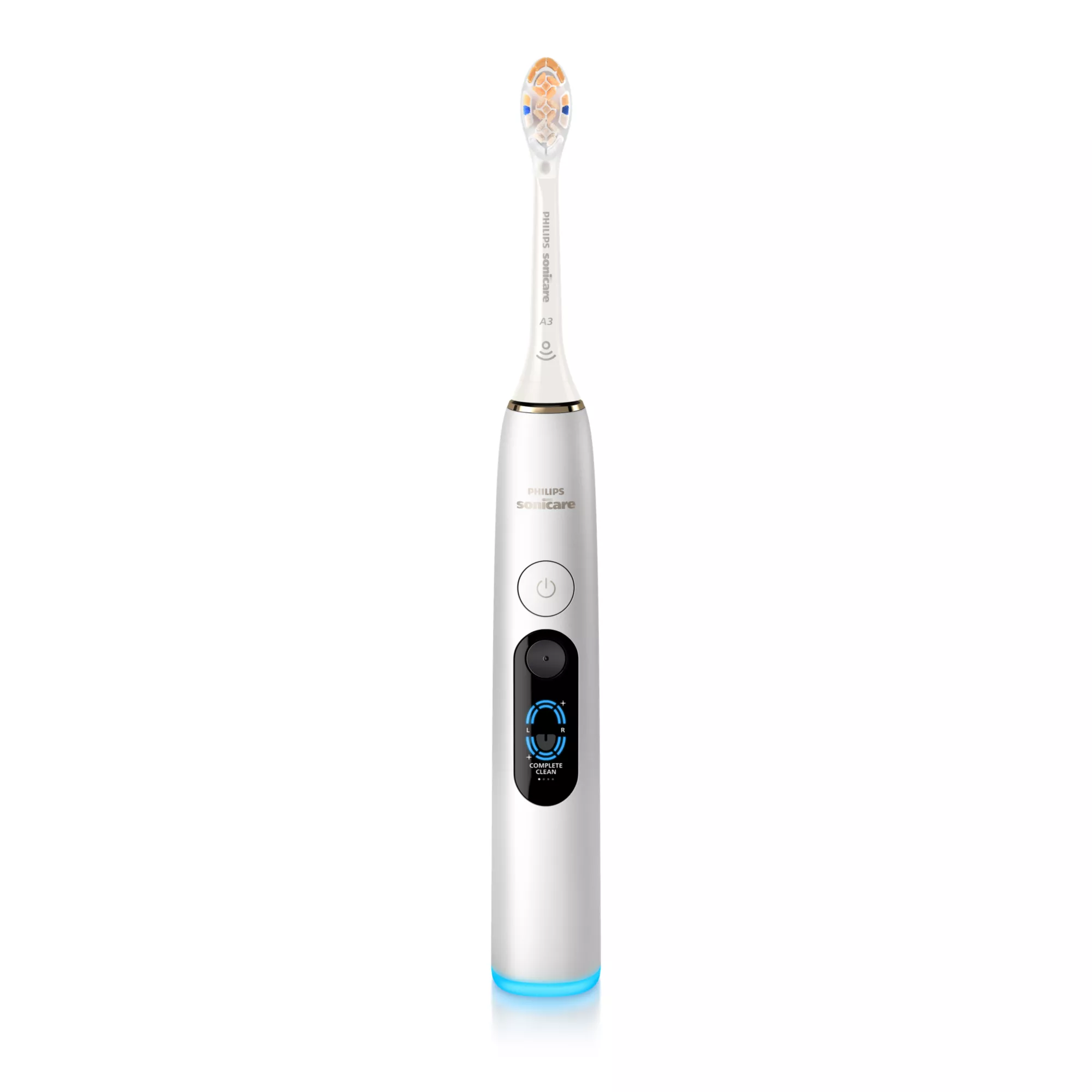 Biała elektryczna szczoteczka do zębów Philips Sonicare z wyświetlaczem cyfrowym.