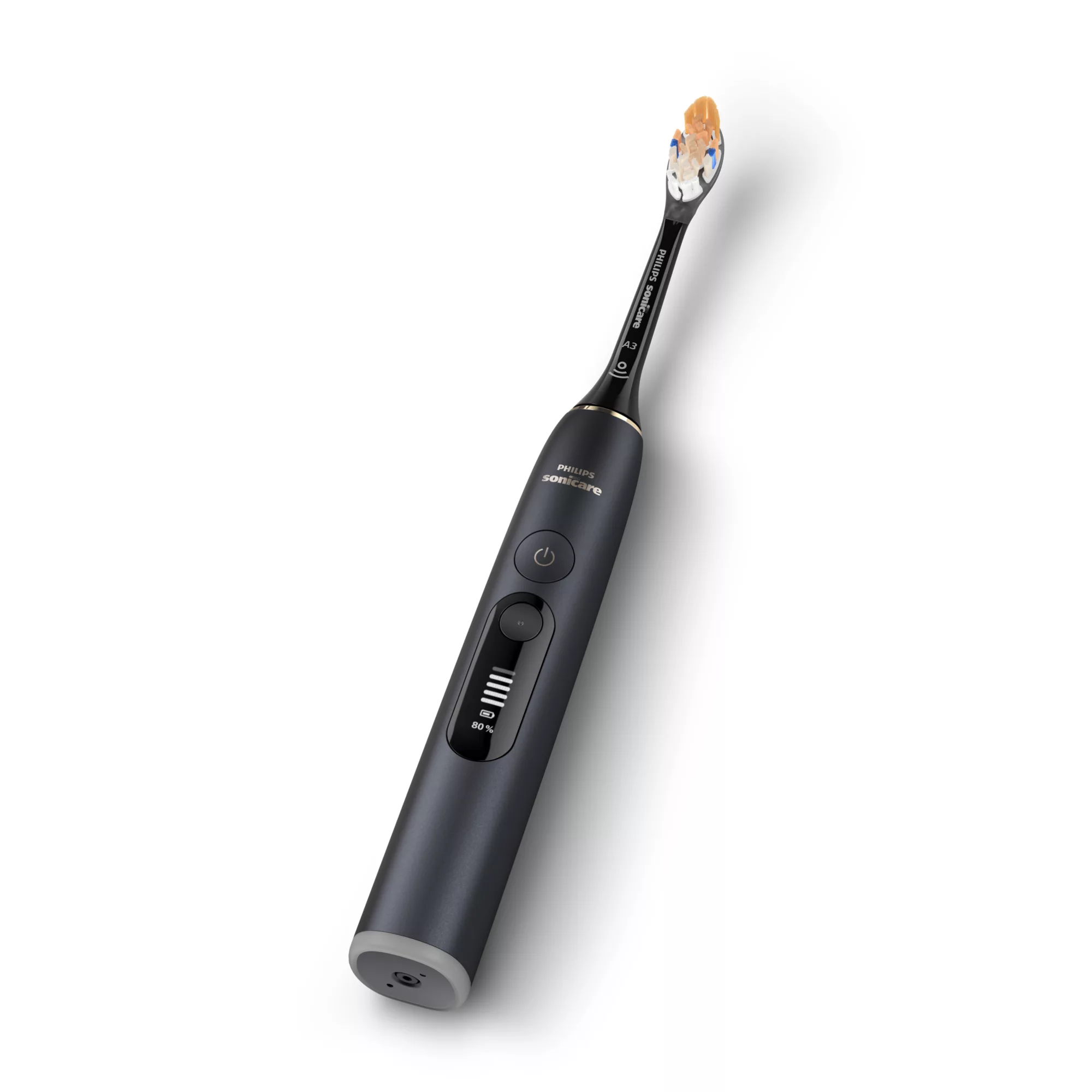 Fekete Philips Sonicare elektromos fogkefe digitális kijelzővel fehér háttéren.
