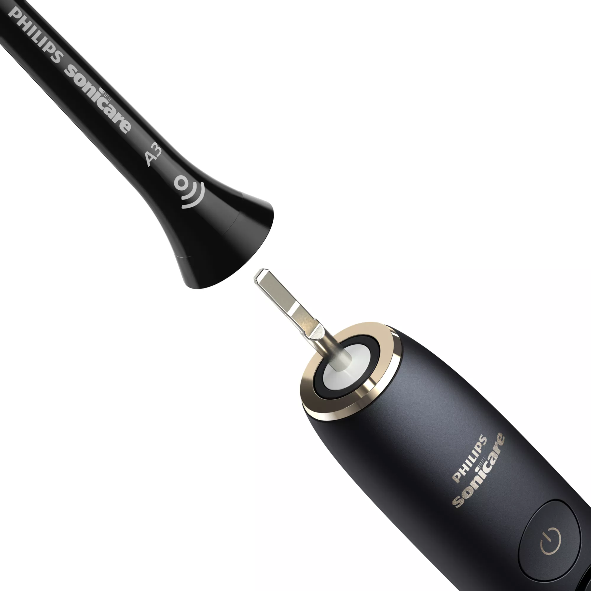 Egy fekete Philips Sonicare fogkefe levehető A3-as fejjel, fehér háttér előtt.