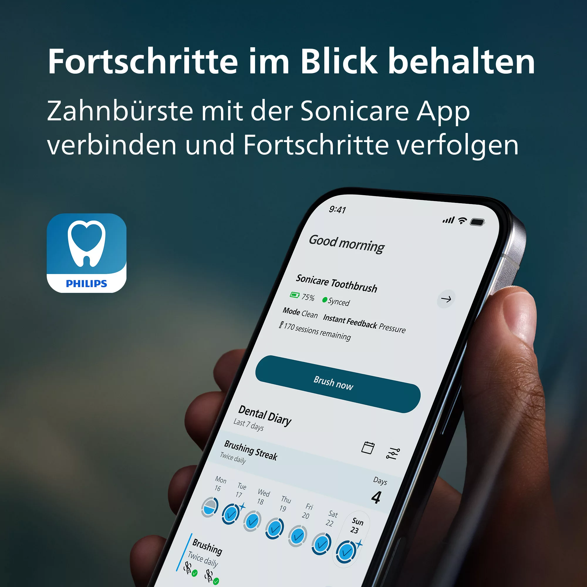 Smartphone zeigt die Philips Sonicare App mit Zahnputz-Statistiken.