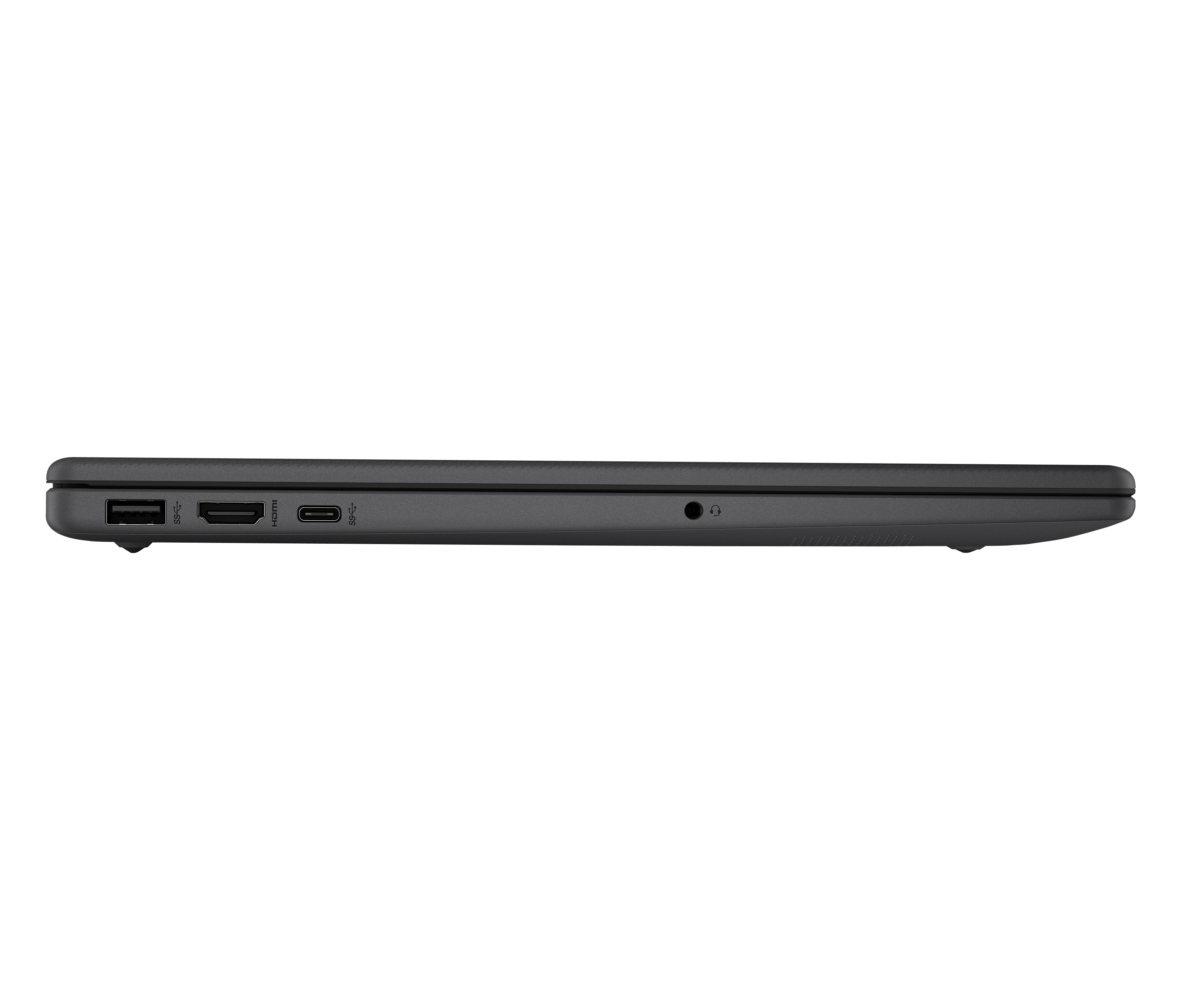 Widok z boku zamkniętego szarego laptopa z widocznymi portami USB, HDMI i słuchawkowym na czarnym tle.