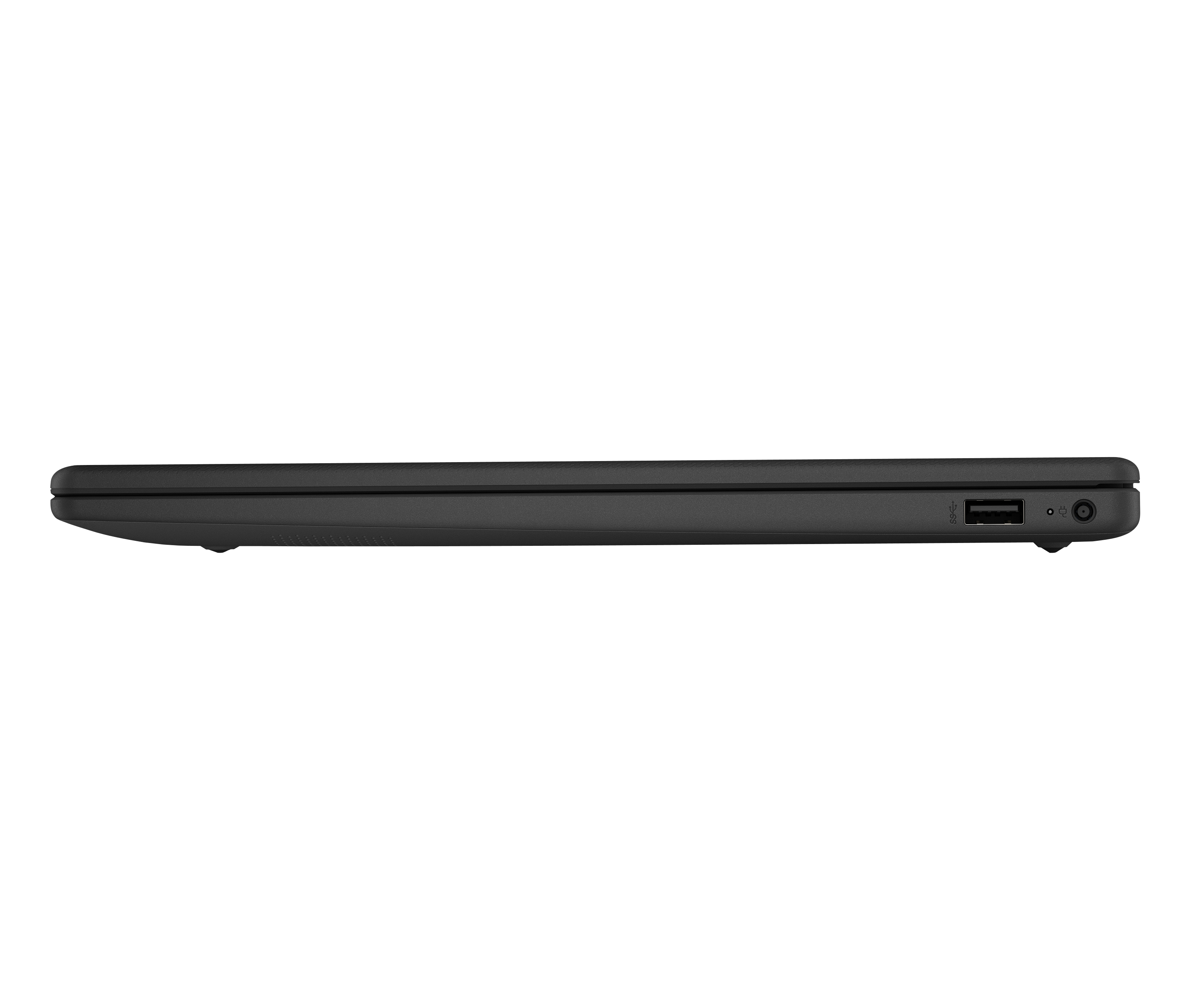 Widok z boku zamkniętego czarnego laptopa z widocznym portem USB i gniazdem zasilania na czarnym tle.