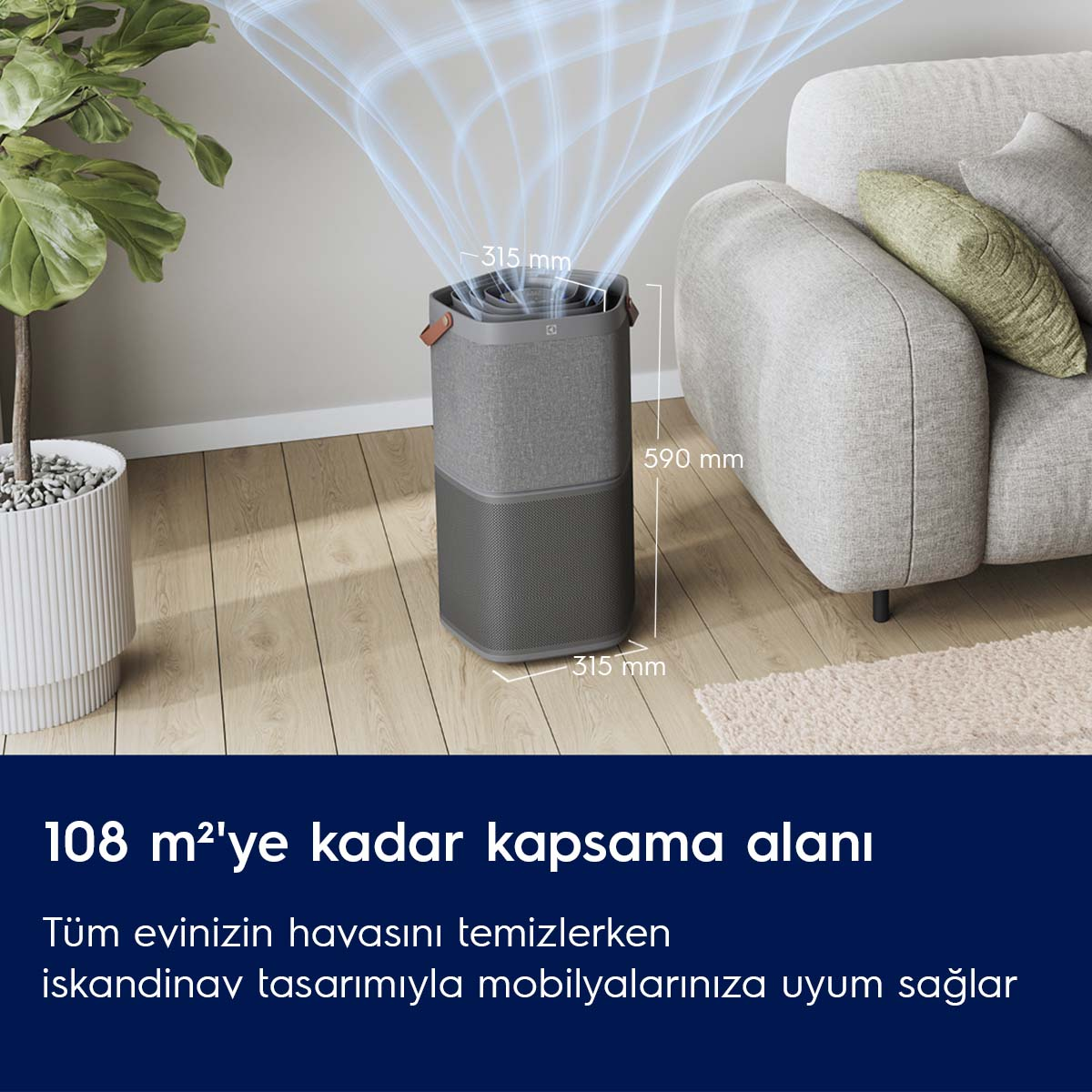 Ahşap zemin üzerinde gri hava temizleyici, ölçüler, bitkiler ve koltuk ile.