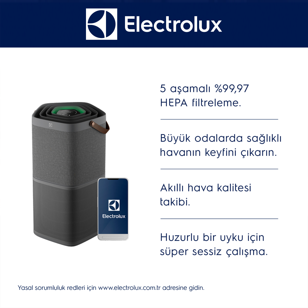 Mavi arka planda Electrolux hava temizleyici ve uygulamasını gösteren bir telefon.