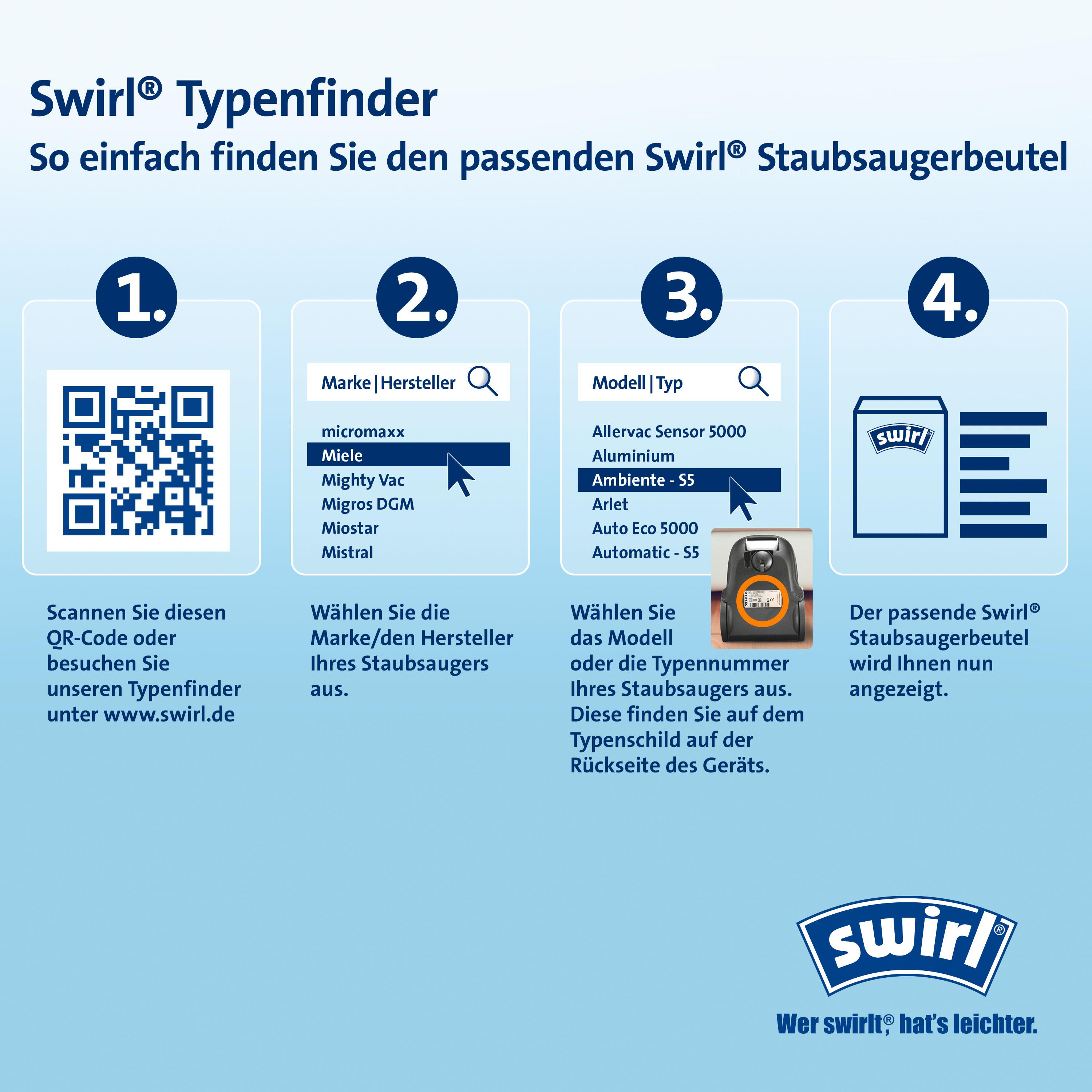 Anleitung in vier Schritten zur Findung des passenden Swirl Staubsaugerbeutels mit QR-Code und Suchmasken.