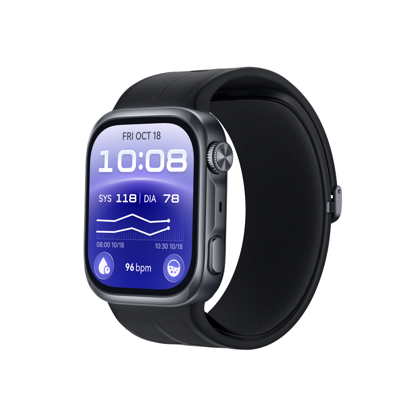 Eine schwarze Smartwatch mit lila Display zeigt Uhrzeit, Blutdruck und Herzfrequenz an.