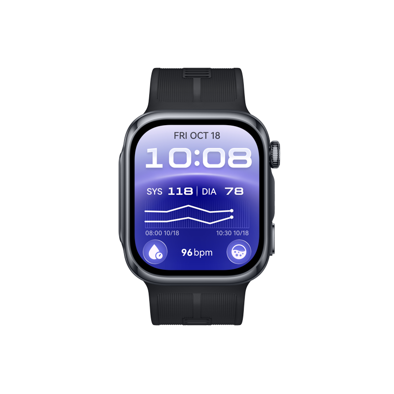Eine schwarze Smartwatch zeigt die Uhrzeit 10:08, Blutdruckgraphen, Puls 96 bpm und Datum auf lila Bildschirm.