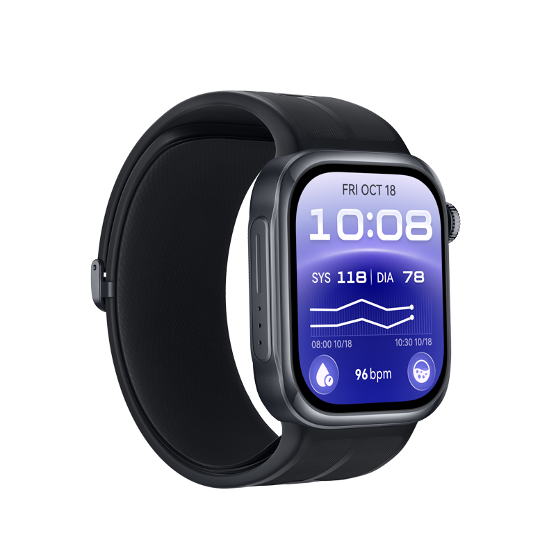 Eine schwarze Smartwatch mit einem blauen Display zeigt die Uhrzeit und Gesundheitsdaten an.