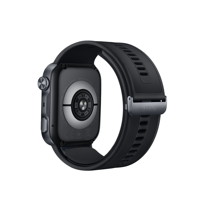 Rückseite einer schwarzen Smartwatch mit Sensoren und Kautschukarmband vor schwarzem Hintergrund.
