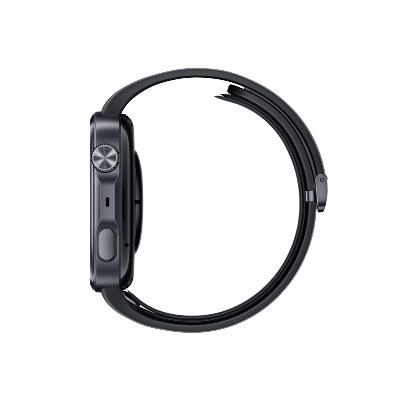 Eine elegante schwarze Smartwatch mit einem Metallgehäuse und einer Krone auf einem dunklen Hintergrund.