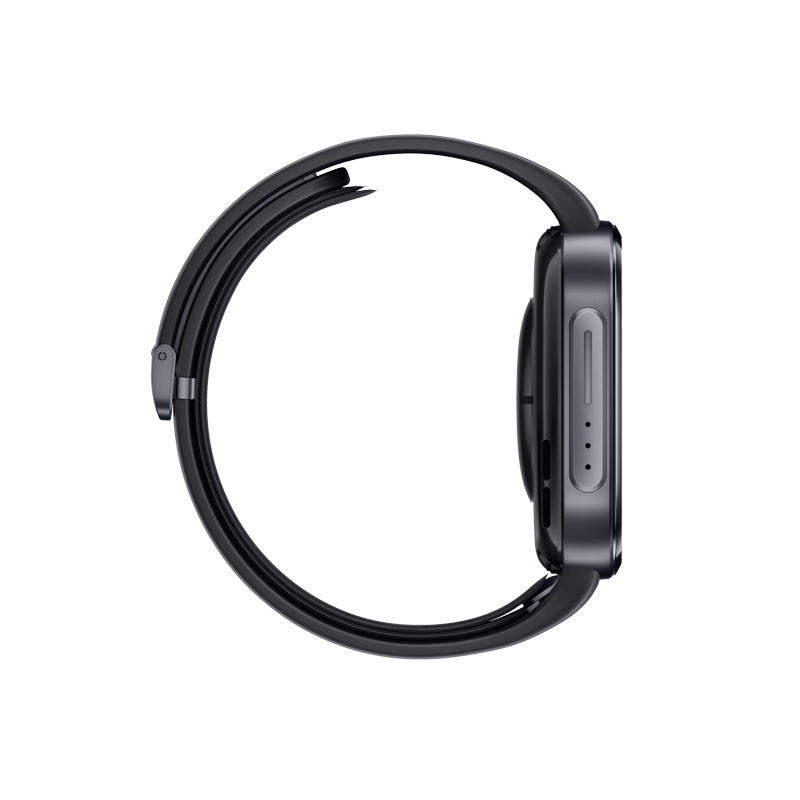 Eine schwarze Smartwatch von der Seite auf schwarzem Hintergrund, mit länglichem Gehäuse und Silikonarmband.