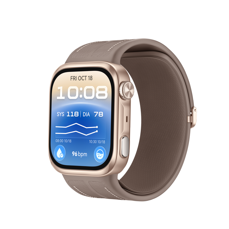Eine roségoldene Smartwatch mit braunem Lederarmband zeigt auf dem Display Zeit, Datum und Gesundheitsdaten.