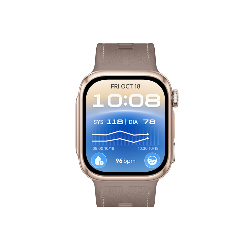 Eine goldene Smartwatch zeigt Gesundheitswerte wie Blutdruck und Herzfrequenz vor schwarzem Hintergrund.