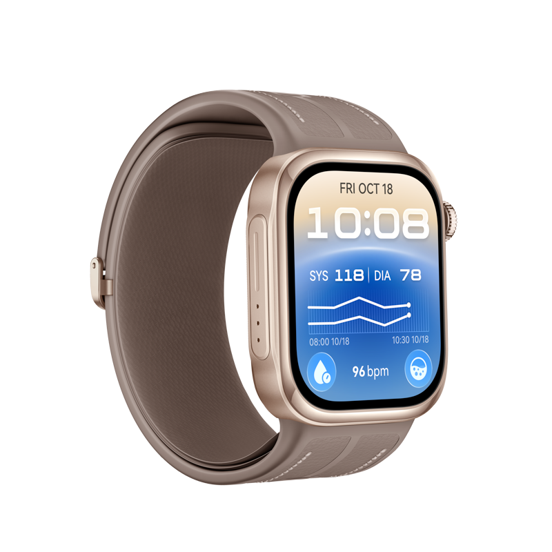 Eine roségoldene Smartwatch mit braunem Armband zeigt auf dem Display das Datum, die Uhrzeit und Gesundheitsdaten.