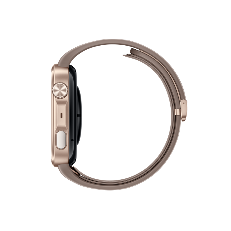 Seitenansicht einer roségoldenen Smartwatch mit passendem beigen Armband auf schwarzem Hintergrund.