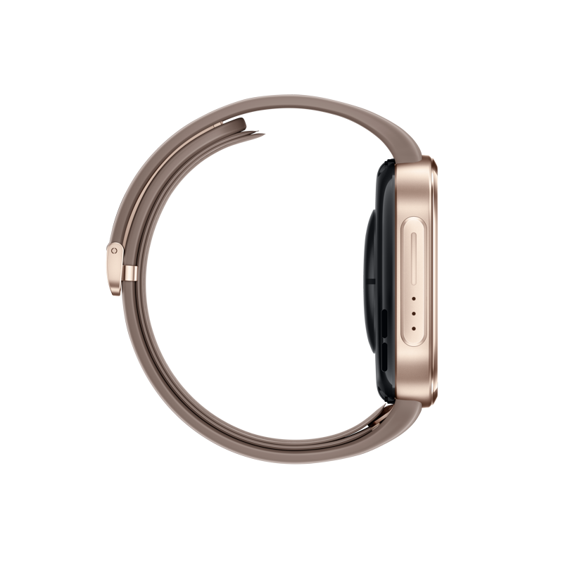 Seitenansicht einer roségoldenen Smartwatch mit beigem Armband vor schwarzem Hintergrund.