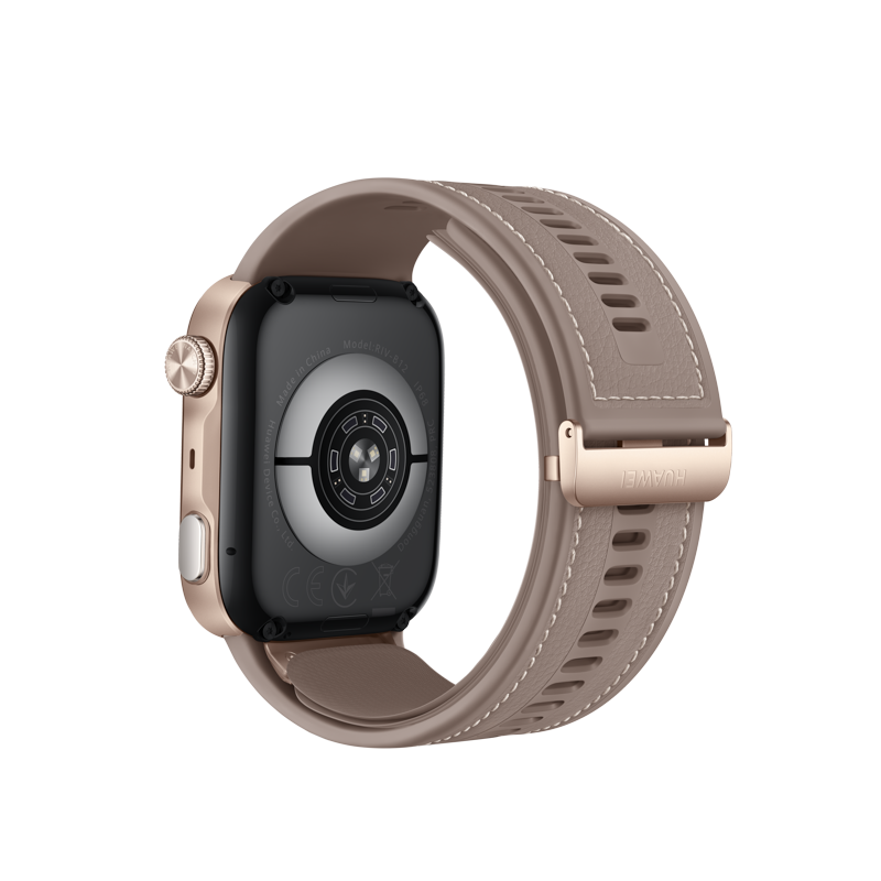 Rückseite einer Smartwatch in Roségold mit einem braunen Lederarmband vor schwarzem Hintergrund.
